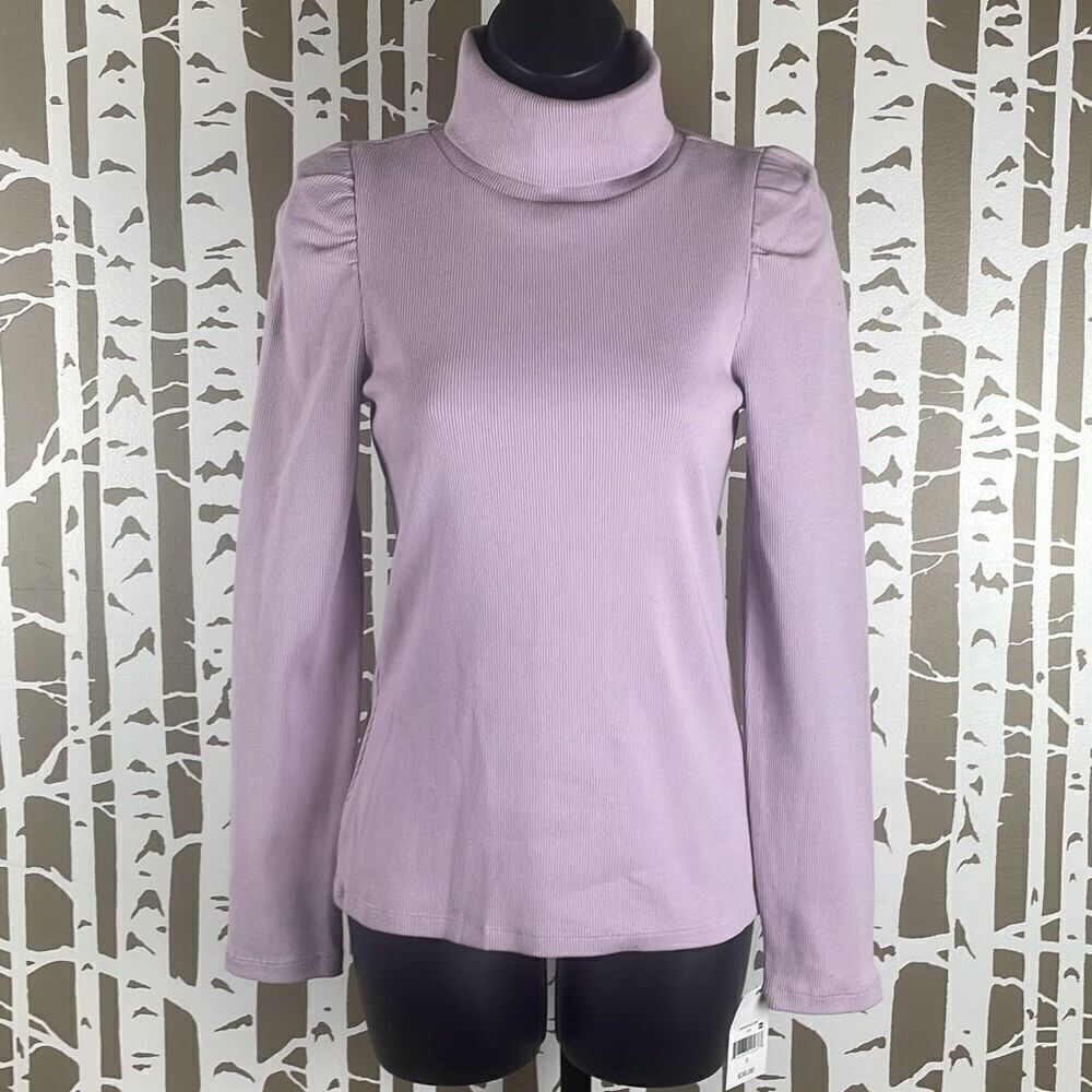 NEW Ophelia Roe Puff Sleeve Ribbed Knit Turtleneck Top S